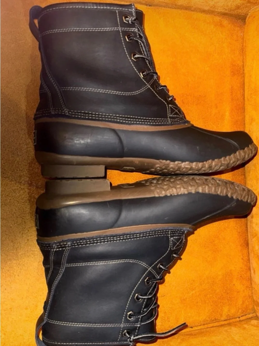 Bass Men's Black Waterproof Duck Boots with Brown Trim